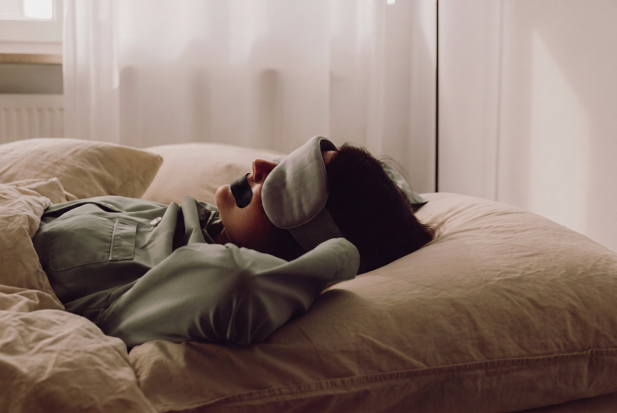 Person sleeping peacefully wearing a soft sleep mask and mouth tape